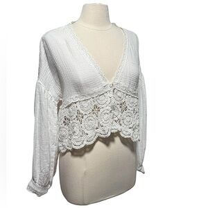 Easy Clothes Ecru White Boho Long Sleeve Crochet Blouse S/M NWT